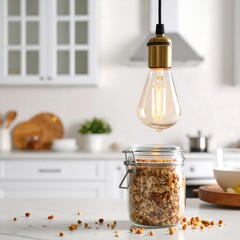 Kitchen scene with a pendant light and granola