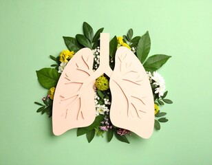 Lungs surrounded by flowers and leaves on a pastel green background