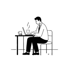 Vector art of man in formal shirt and tie sitting at a table with a laptop and coffee cup