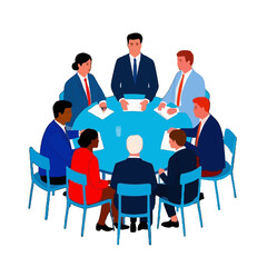 Vector art of diverse group of professionals in a business meeting, seated around a circular table, discussing strategy and collaborating on projects
