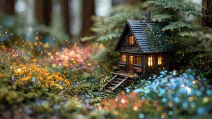 Tiny wooden cottage glowing warmly nestled within a colorful, lush forest scene