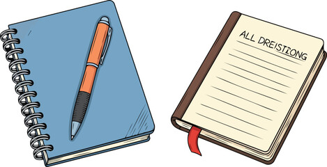 spiral notebook and pen with journal a handdrawn illustration