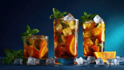 Three iced tea cocktails, garnished with fresh mint and orange slices, stand in a row on a dark blue surface