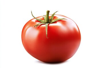 Vibrant red tomato with green stem on white background