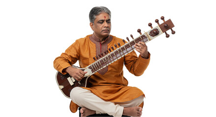 Indian Musician Playing Sitar with Skill and Tradition Isolated on Transparent Background