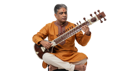 Indian Musician Playing Sitar with Skill and Tradition Isolated on Transparent Background