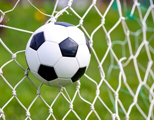 A soccer ball rests inside the net, set against a blurred green field.