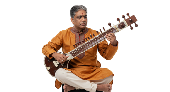 Indian Musician Playing Sitar with Skill and Tradition Isolated on Transparent Background