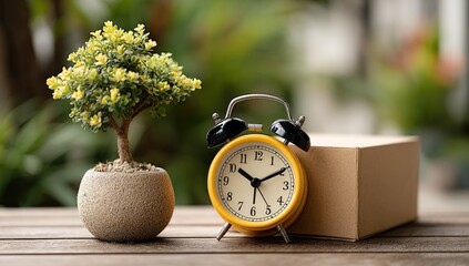 A small bonsai tree, a yellow alarm clock, and a cardboard box sit on a wooden surface, suggesting a concept of timely delivery or a scheduled task