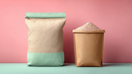 Two kraft paper bags, one with a light mint-green stripe, containing a light beige powder, displayed against a vibrant pink backdrop