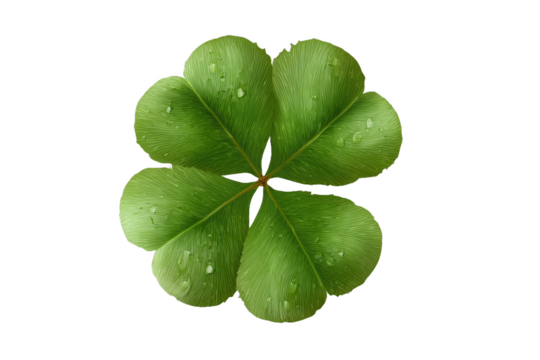 Four-leaf clover with water drops, isolated on white transparent background