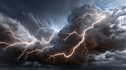 A dramatic display of nature's power is captured in this image, showcasing dark storm clouds illuminated by bright lightning bolts during a thunderstorm, emphasizing the raw beauty