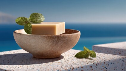 Light beige bar of soap sits in a shallow wooden bowl, beside fresh mint leaves, on a speckled countertop overlooking a tranquil blue ocean