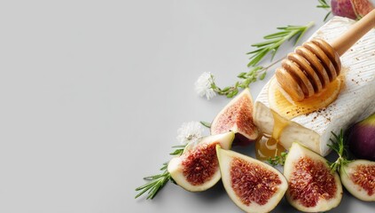 A wedge of soft white cheese, drizzled with honey, surrounded by figs and herbs