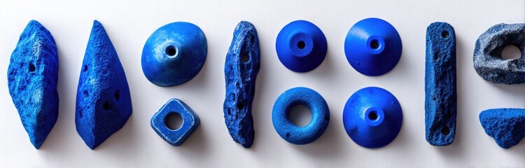 Assorted blue climbing holds on a white surface