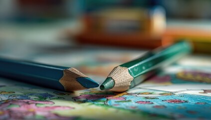 Fototapeta premium Close-up of two teal colored crayons on a child's coloring page. Crayon tips meet in the foreground. Blurred background of other crayons and coloring sheet