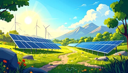 Scenic landscape with solar panels and wind turbines