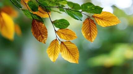 Obraz premium A serene close-up of vibrant green and golden leaves gently swaying in the breeze, capturing the beauty of nature's transition from summer to autumn.