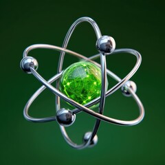 Stylized representation of an atom with a vibrant green core and metallic rings, symbolizing energy and the fundamental building blocks of matter in a captivating design.