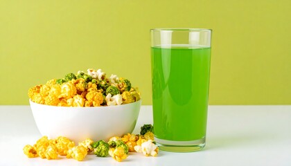 Popcorn and green drink on white table