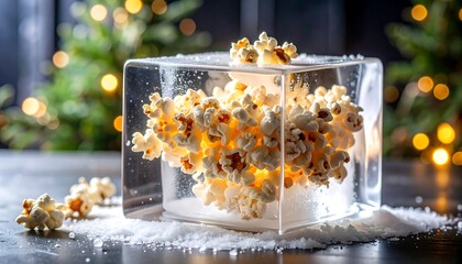 Popcorn encased in ice cube. Festive background