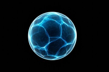 Glowing electric blue sphere with fractured energy pattern on black background