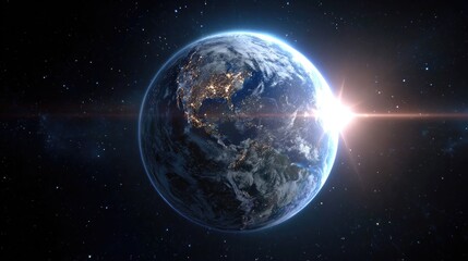 Fototapeta premium A stunning view of Earth from space, showcasing its vivid colors and dynamic landscapes. The sun illuminates the globe, highlighting the beauty of our planet in a cosmic setting.
