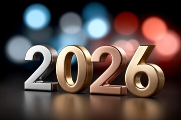 Colorful metallic numbers 2026 with blurred light background