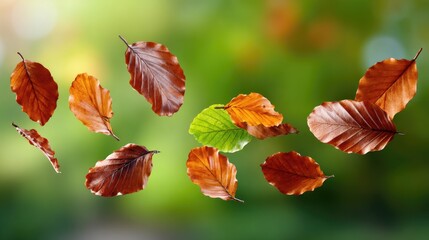 Obraz premium Colorful autumn leaves float gracefully in the air, showcasing a blend of vibrant reds, greens, and browns against a soft green background