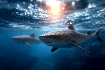 Sharks swimming underwater in sunlit ocean scene