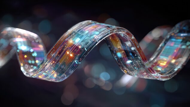 A swirling, translucent ribbon of glowing, colorful circuitry