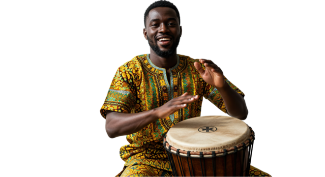 Joyful Black Man Playing African Drum in Traditional Attire Isolated on Transparent Background