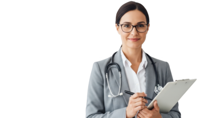 Find a doctor online professional female doctor with stethoscope and clipboard for medical advice on transparent background