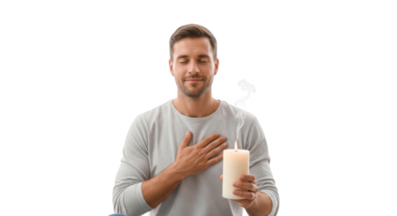 Man meditating with candle for mindfulness and relaxation stress relief wellness and mental health concept on transparent background