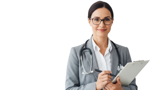 Find a doctor online professional female doctor with stethoscope and clipboard for medical advice on transparent background