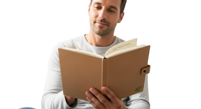 Man reading journal writing thoughts in notebook for mindfulness and personal growth and reflection time on transparent background