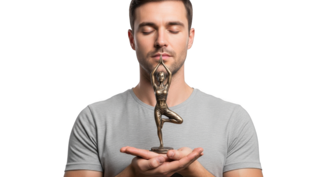 Man meditating with yoga statue for relaxation and mindfulness spiritual wellness and peace of mind pose on transparent background - Powered by Adobe