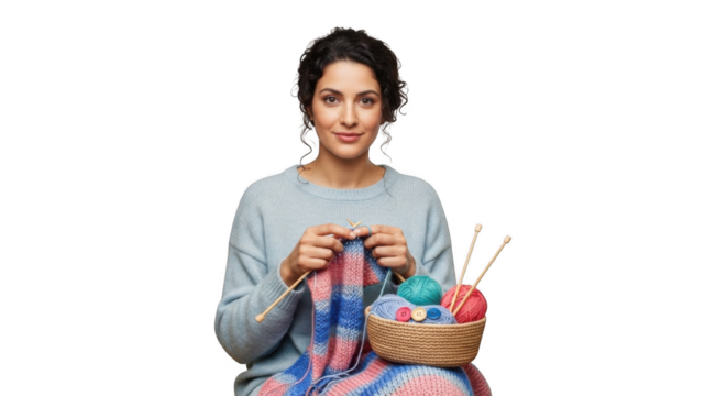 Woman knitting a colorful scarf with yarn and needles in a basket isolated on black background studio shot on transparent background