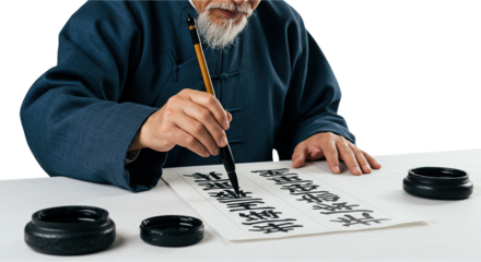 Elderly Asian Man Skillfully Practicing Traditional Calligraphy Art Isolated on Transparent Background