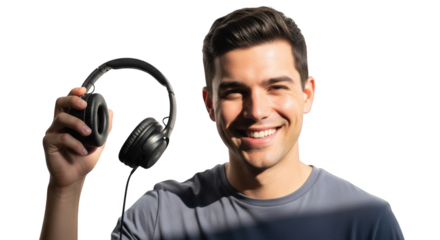 Handsome man holding black wireless headphones enjoying music with a happy smile isolated background on transparent background