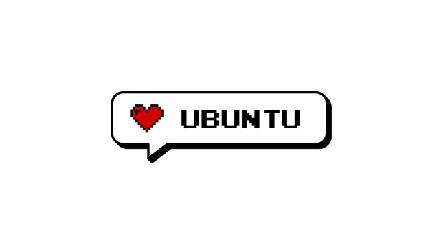 Pixel art "Love Ubuntu" message in an 8-bit neubrutalism style comment balloon. Red heart icon and text graphic element. Retro gaming aesthetic overlay with transparent background for design.