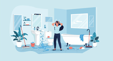 Fototapeta premium Stressed Woman Dealing with Bathroom Water Leakage