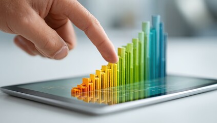 Hand points to rising graph on tablet