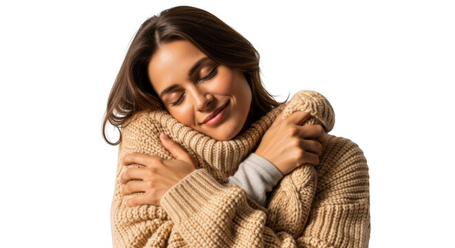 Woman hugging herself in cozy sweater for self care and wellness concept stock photo and image download on transparent background