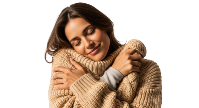 Woman hugging herself in cozy sweater for self care and wellness concept stock photo and image download on transparent background