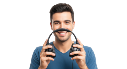Man holding headphones making mustache funny music audio listening device isolated black background studio shot on transparent background