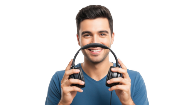 Man holding headphones making mustache funny music audio listening device isolated black background studio shot on transparent background - Powered by Adobe