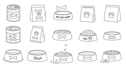 A collection of black outline icons of pet food and feeding bowls