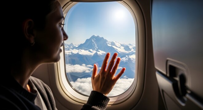 Window to the World: A person gazes with wonder at the majestic, snow-capped mountain, touching the window of an airplane, embodying the freedom of travel and exploration. 