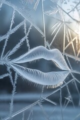 Frosted lips impression on glass with ice crystals in winter light  